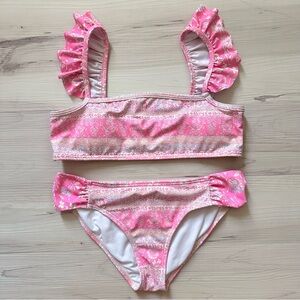 Billabong Pink Floral Boho Ruffle Tab Side Kids Bikini Set